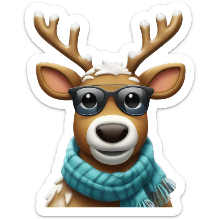 “A cool reindeer with sleek antlers wrapped in Christmas lights, wearing sunglasses and a scarf, in a snowy setting.” sticker