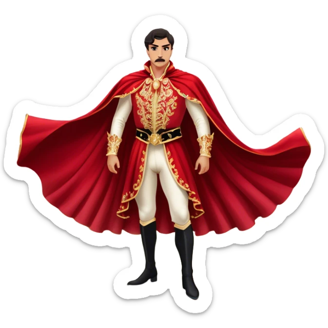 Spanish Matador – Cinematic Realistic Spanish Matador, portrayed in an ornate traje de luces with a flowing red cape, standing poised in a classic bullring with swirling dust and dramatic light, his intense expression and elegant stance capturing both bravery and artistry. sticker