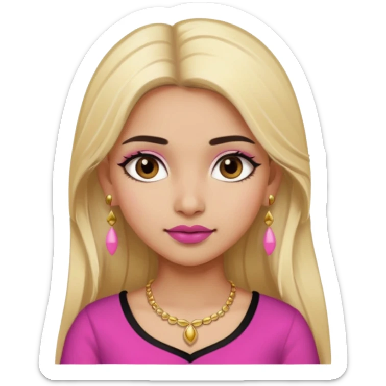 Sweet Indian girl blond long hair darkbrowm eyes brown/pink lipstick pink blush black top gold earrings brown eyebrows  sticker