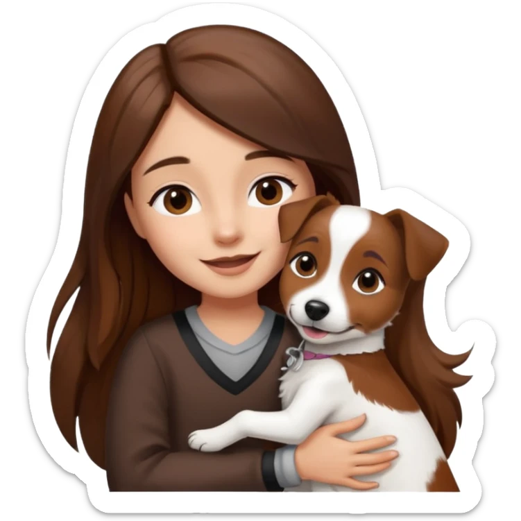 a girl and her dog, one little jack russell coloured dark brown and white. She hugs it. She has long hair.  sticker
