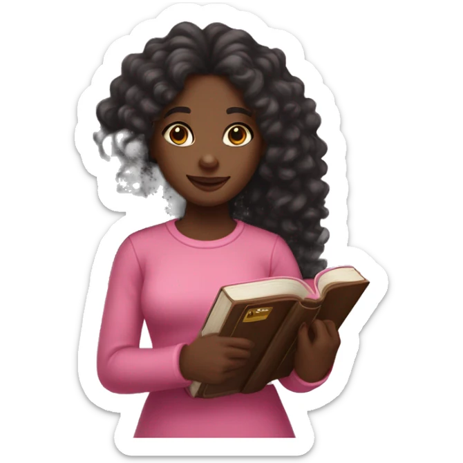 Black girl with long curly hair holding a pink bible in her right arm sticker