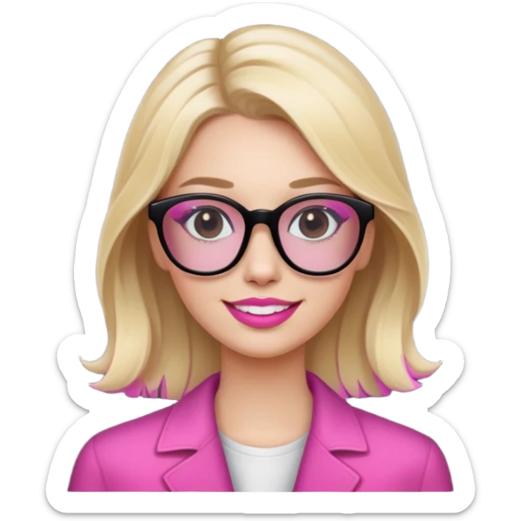 Woman with white tes, pink lips, slightly pink cheeks. Blonde hair with a slightly dark root, straight but wavy hair, add dark glasses. sticker