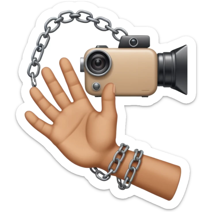 Minimalist emoji-style sticker of a human hand bound by a chain leading to a video camera. Icon-like, clean silhouette, muted tones. sticker