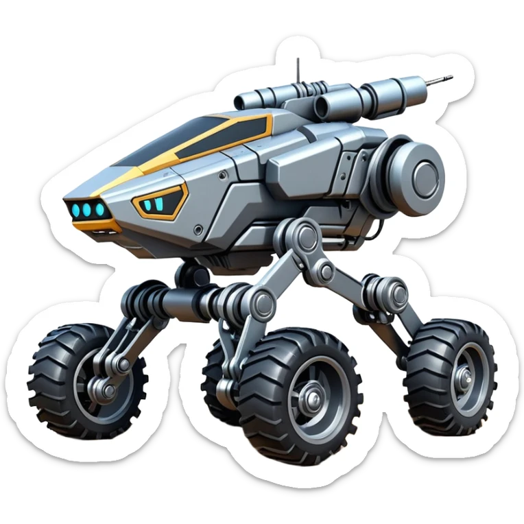 Futuristic jumping four-wheel armored canine sporty self-balancing massive mech trail assault vehicle motor-in-wheel side-hill leaning actively robotically articulating hydraulic independent suspended pod gimbal defender mech off-road racing rover with large fast engine basher crawler megatron  sticker