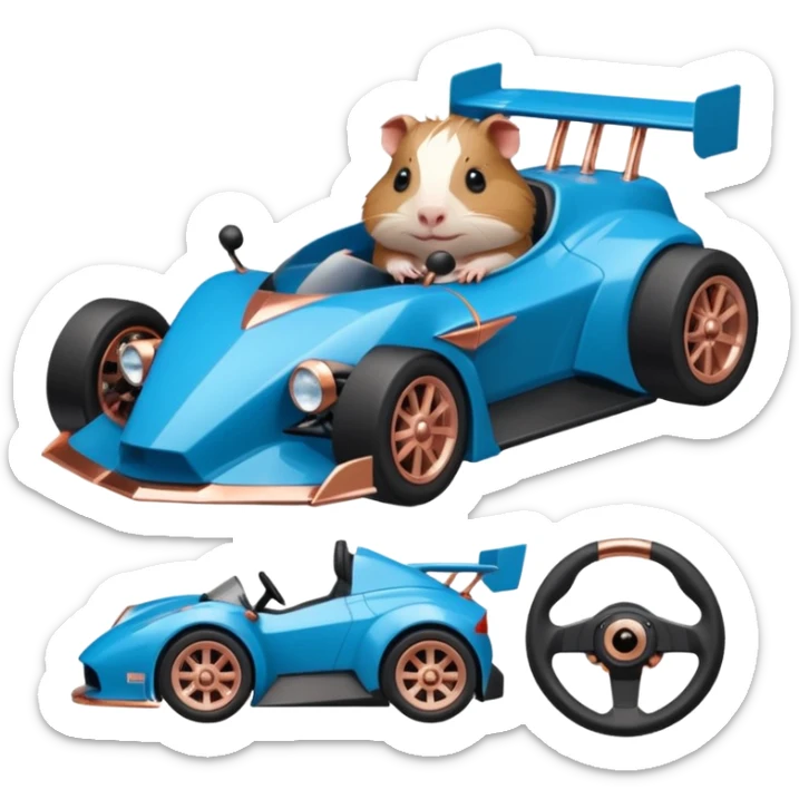 dark crystal blue and rosegold-accented faceted-body electric racing car driven by a small cute but fearless Guinea pig with rear spoiler, roll bar, and wheely bar sticker