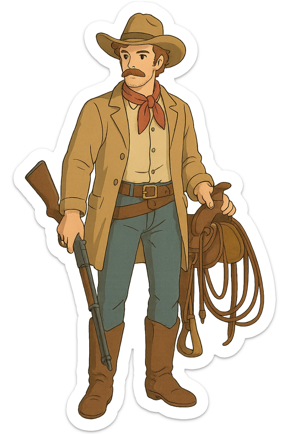 The Full body of a 1860s American cowboy holding horse riding equipment and a rifle and a cowboy hat sticker