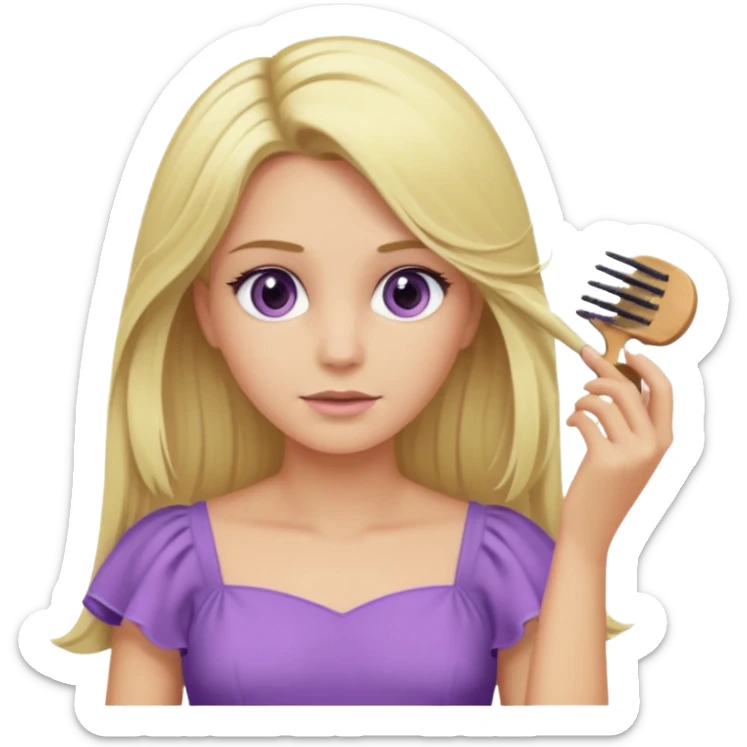 blonde woman with swamp-colored eyes, wearing a soft purple dress, combing her hair, iOS emoji style sticker