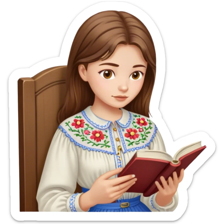 A Ukrainian girl with brown hair in an embroidered shirt reads a book sticker
