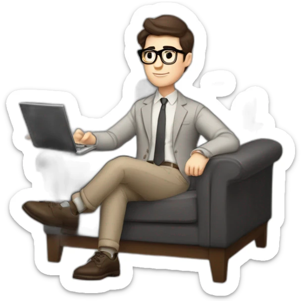 Pale skinned Fit Man With dark brown hair in gray jacket, beige office shirt, Brown pants and vintage glasses sitting In a soft chair with a notebook on spring with emblem Ψ and a pen sticker