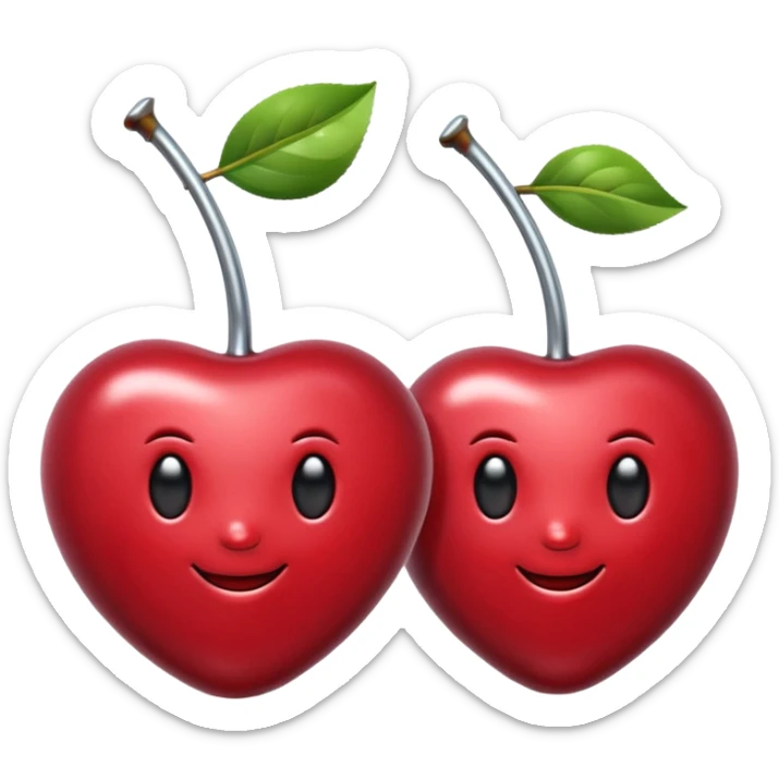 A pair of cherries emoji made of polished silver chrome, smooth rounded shapes, glossy metallic finish, soft highlights and reflections, cute proportions, iOS emoji style, centered, clean white background, no text sticker