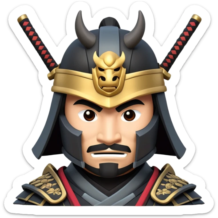 clash-of-clans-aesthetic_-cinematic-fearsome-and-majestic-samurai-bust-portrait-emoji, rendered in a flat, vector-style with minimal shading and bold, simplified shapes typical of emoji art, depicting a battle-hardened samurai with black mask and traditional black Japanese armor. The samurai is riding a noble grey warhorse adorned with an intricately designed saddle and fluttering banners and a rising sun. a samurai riding on a  horse zoomed in sticker