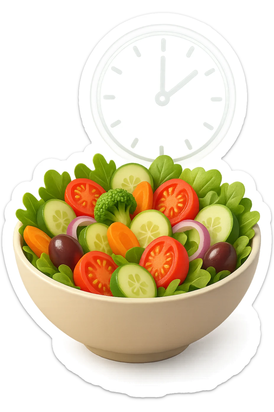 bowl con insalatona e orologio che le fluttua dietro che simboleggia una cena fatta in ritardo in 3d sticker