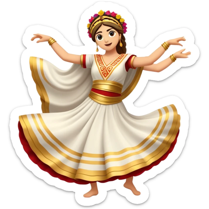 Cinematic Realistic Sirtaki Dance Emoji, depicted as a vibrant traditional Greek dance scene with flowing movements and expressive costumes, rendered with dynamic textures and warm festive lighting that captures its cultural exuberance. sticker