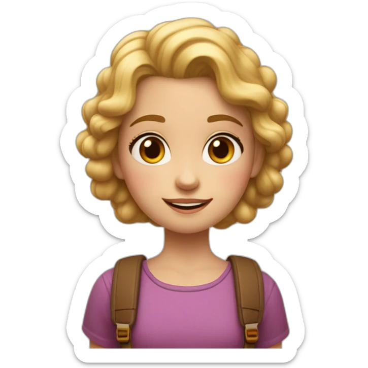 Estilo pixar, niña de ocho años de edad, pelo color rubio liso con las puntas rizadas, ojos marrones, con una mochila del colegio sticker