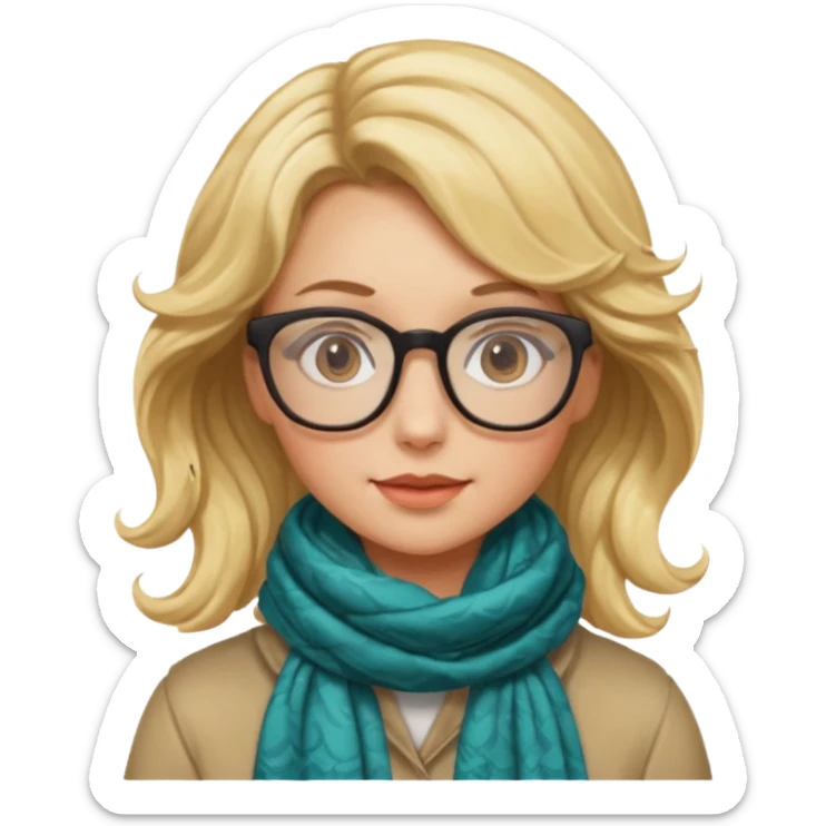 a girl drink with blonde wavy hair, wearing glasses, having scarf sticker