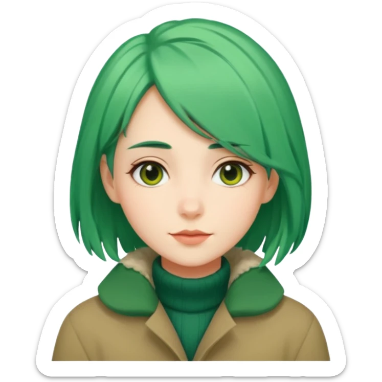 Girl with green hair wearing warm winter coat with a relaxed posture and friendly face sticker