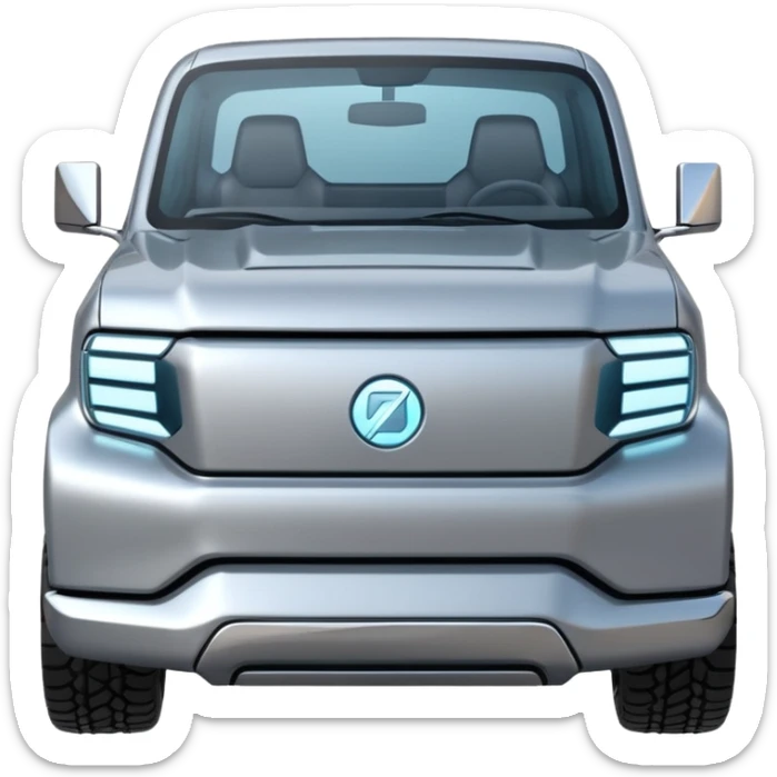 A futuristic electric pickup truck emoji, silver chrome body, angular cyber design, smooth metallic panels, subtle reflections, minimalistic proportions, iOS emoji style, centered composition, clean white background, soft lighting sticker