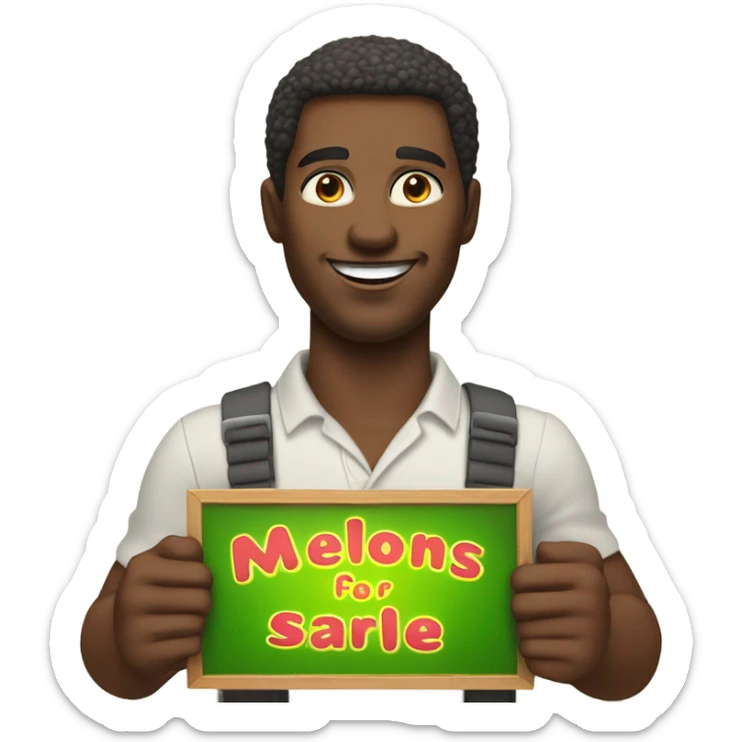 African American Male holding a sign that says "MELONS FOR SALE" sticker