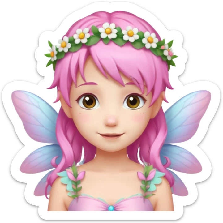 A tiny pastel fairy with pink hair with glowing wings and a sweet smile and tiny flower crown sticker