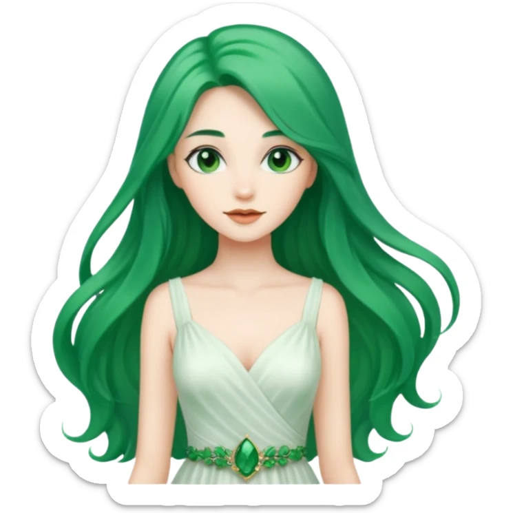 Woman with Long Emerald Hair – flowing green hair, elegant look, white dress sticker