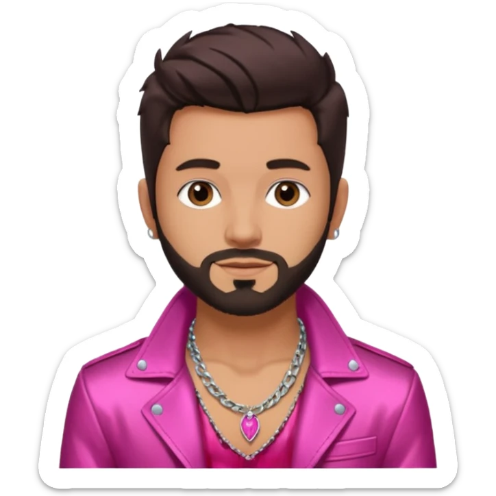 Frankie Zulferino, Pop Singer (b.1990) with dark brown hair and short beard shirtless with necklace, dark pink metallic jacket sticker