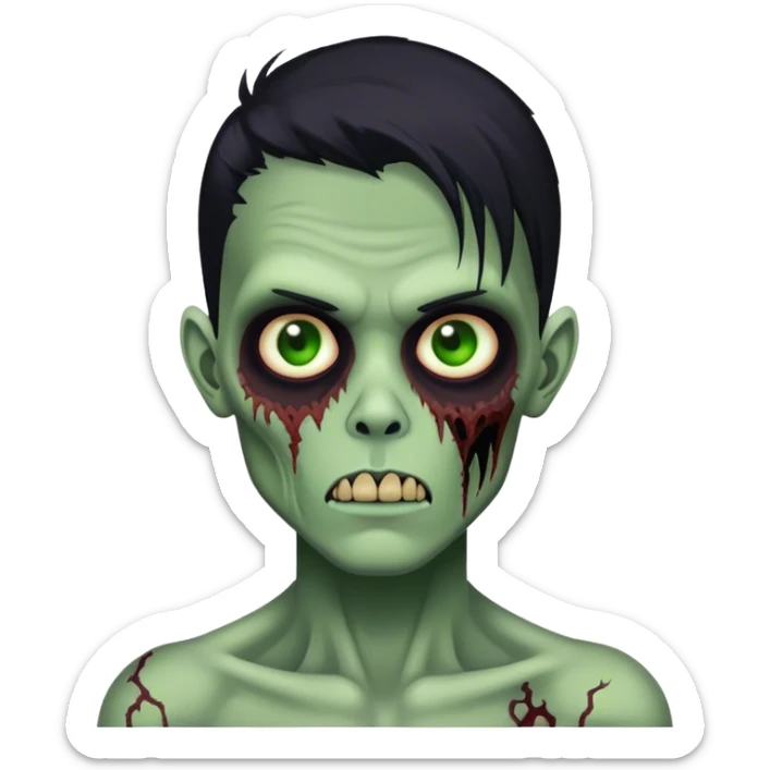 JUST ONE BRUNETTE zombie boy in horror green skin and long black hair sticker