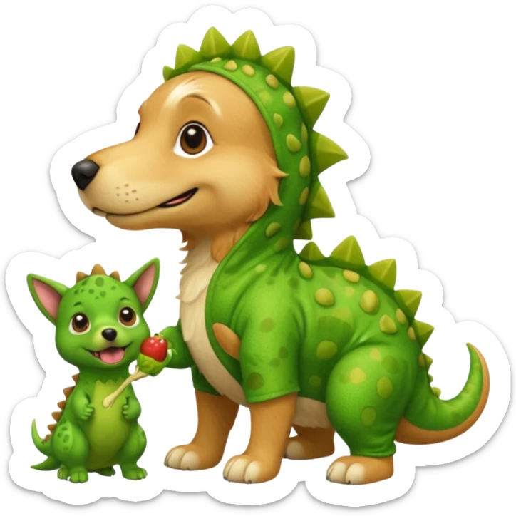 a golden retriever with a dinosaur costume thats eating a chihuahua thats in a dinosuar costume sticker