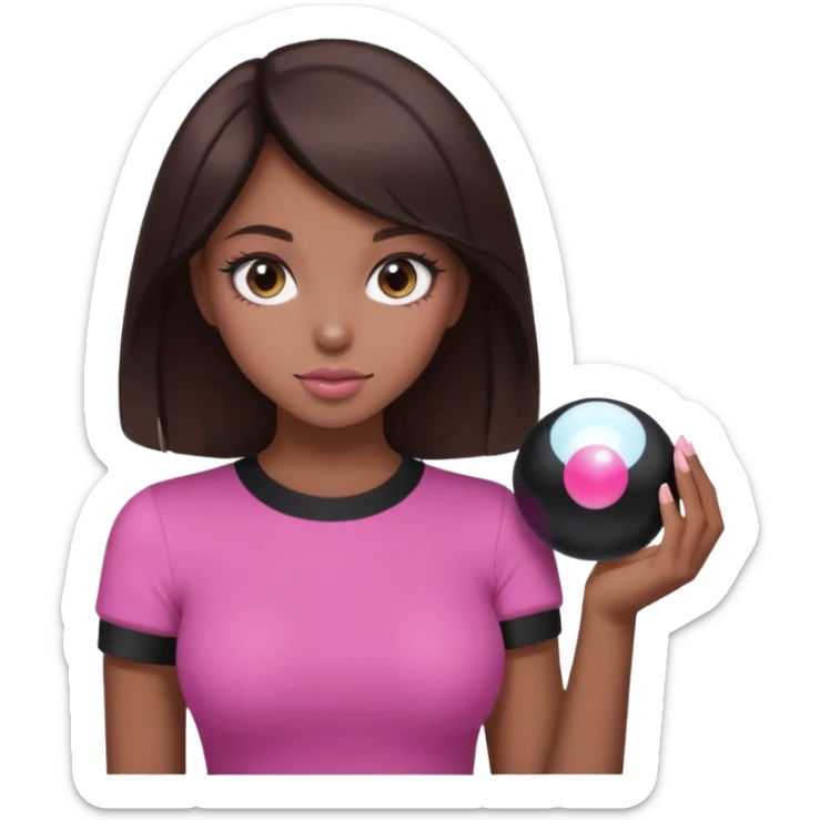 woman with dark brown hair, wearing an aesthetic top featuring a pink magic 8 ball sticker