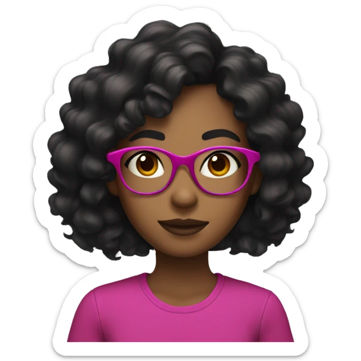 Girl with long curly black hair and brown skin and dark eyes and fuchsia round glasses  sticker