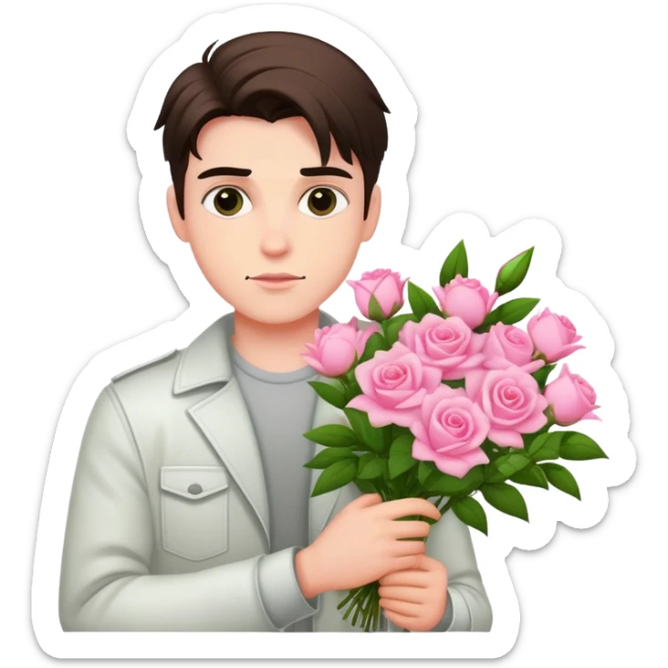 A cool bad boy with fair skin holding a bouquet of pink jasmine roses sticker