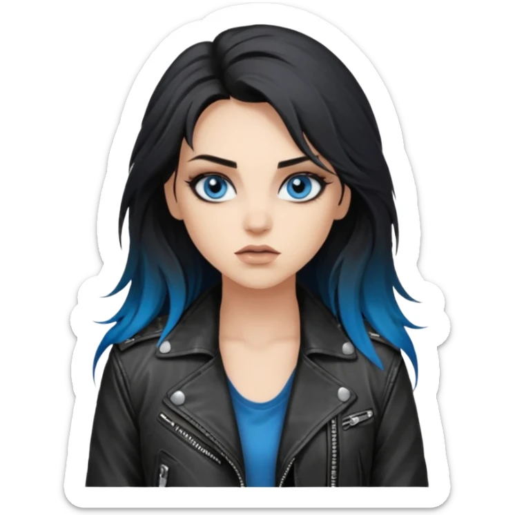 
 rockstar girl with long black disheveled hair, blue eyes, Smokey eyes grunge makeup, rocking  sticker