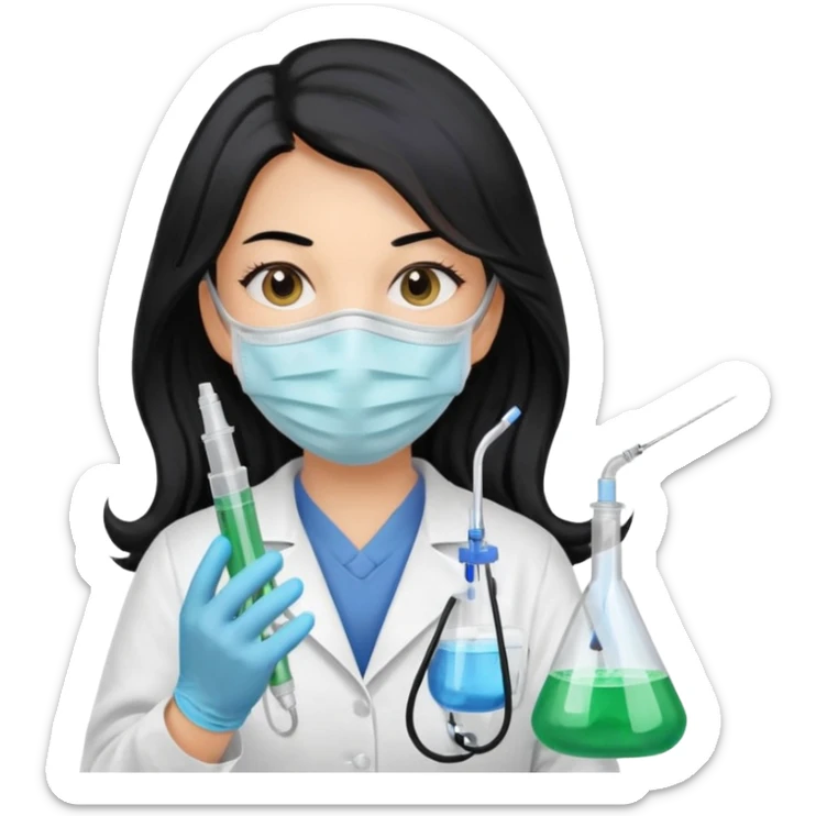 medica con guantes  y mascarilla e insumos laboratorio  jeringa tubos  pelo negro largo triguella sticker