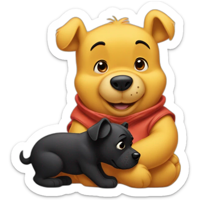 Winnie the Pooh with a black small dog who has a White spot on the stomach sticker