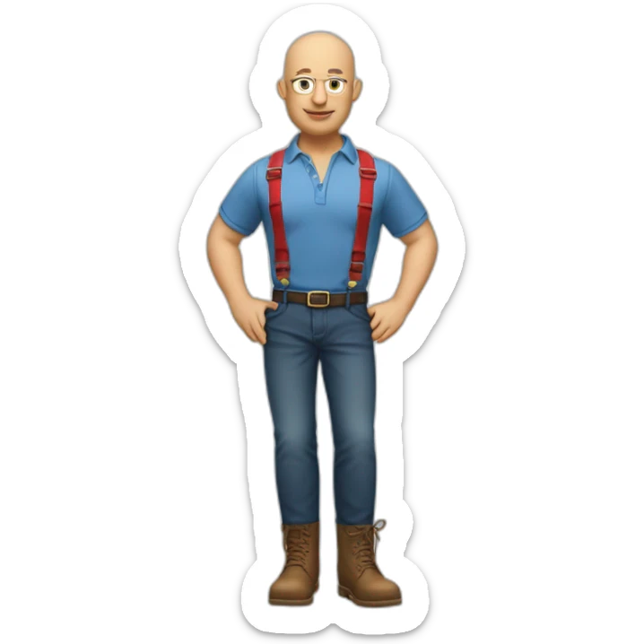 A bald man in dr martense boots, a polo shirt, jeans and red suspenders sticker