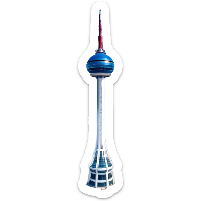 ​Cinematic Realistic N Seoul Tower, depicted in brilliant daylight as a slender, single-column tower rising from a modern cityscape, crowned by a sleek cylindrical observation deck offering panoramic views over Seoul, with crisp glass and steel surfaces reflecting clear blue skies and subtle architectural details that capture its futuristic elegance, sticker