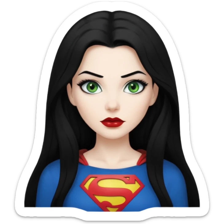 Black haired woman, green eyes, black lipstick, white skin, black t shirt, sharp face, long hair, feminine, Devine, superman logo on t shirt sticker