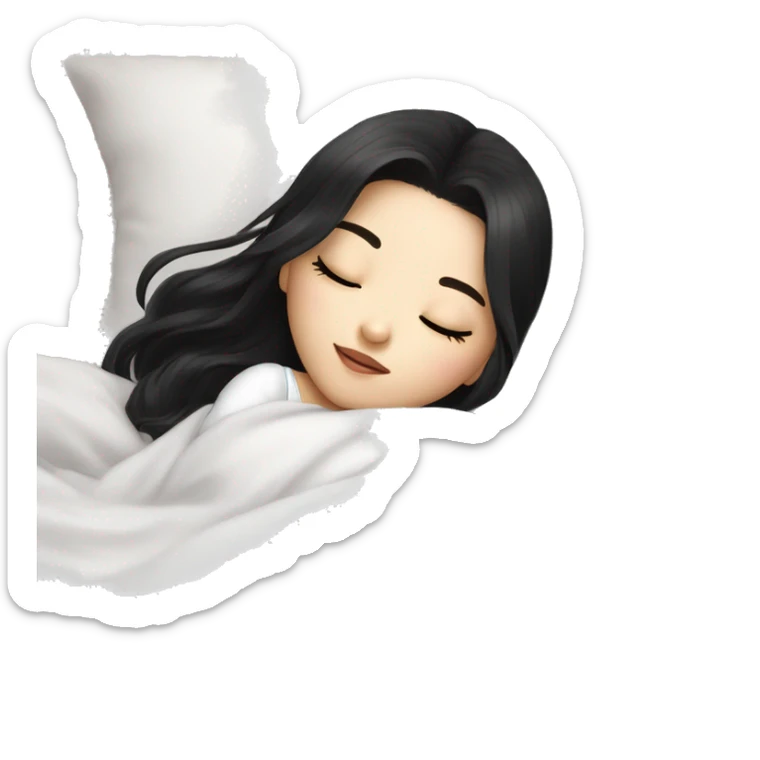 asian cute girl with long beauty black hair sleeping laying down on her side with white blanket and pillow visible and make it look comfy sticker