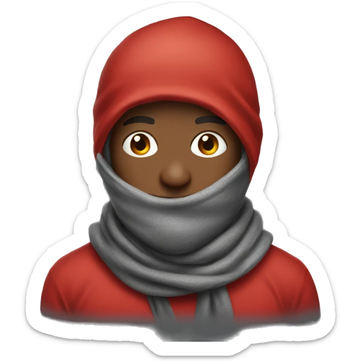 Man in red hoodie with hood up wearing a scarf sticker