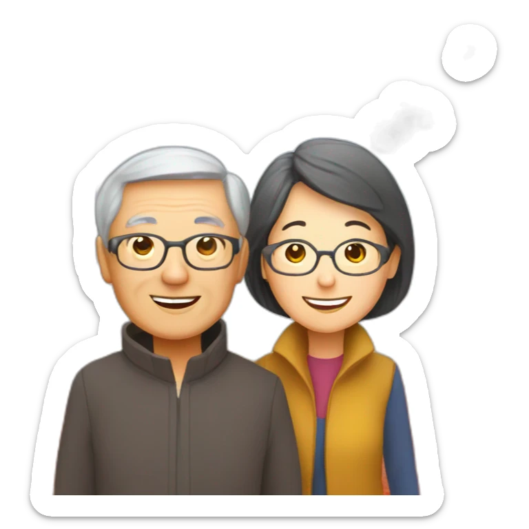 Happy skinny retired Chinese parents. Standing in a park in front of an red autumn tree sticker