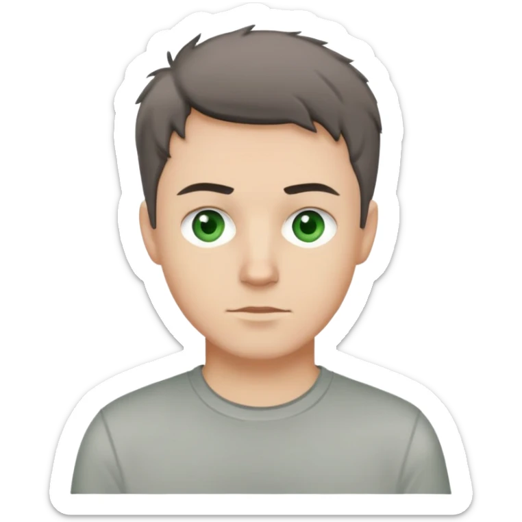 white man with dark messy short hair, dark green eyes, wearing a gray t-shirt sticker