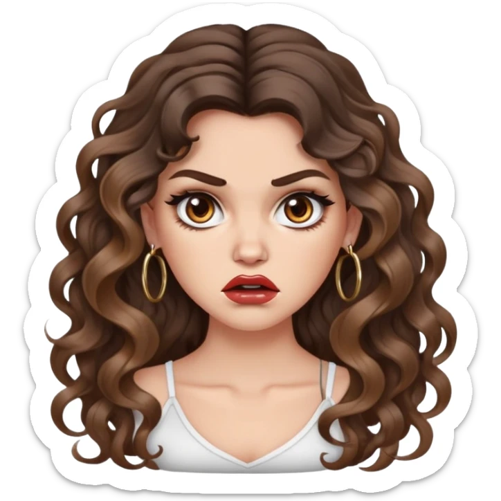 cute girl with not volominous VERY LONG curly/wavy brunette hair with balayage, brown eyes, full lips, cute makeup and hoop earrings white girl: ANGRY FACE sticker