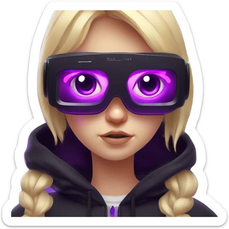 Russian cute blond student girl wearing black hoody with violet letters "OMG", in vr headset. No eyes. Cyberpunk style. Violet neon. sticker