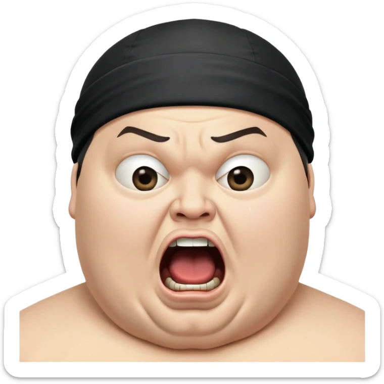 Super extreme tight close-up of just the face of morbidly obese white skin guy with young face, prominent BLACK DURAG tied clearly on head, black beard but no mustache, clean shaven upper lip, black eyes, mouth wide open screaming angrily sticker