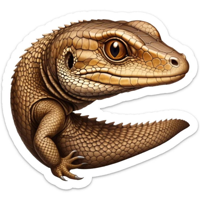Cinematic Noble brown monitor Lizard Portrait Emoji, Poised and regal, with a robust, scaled body exhibiting striking, mottled patterns and piercing, alert eyes, Simplified yet sharp and sophisticated features, highly detailed, glowing with a soft, earthy glow, high shine, intelligent and formidable, stylized with an air of ancient wilderness, focused and commanding, soft glowing outline, capturing the essence of a watchful and confident reptilian guardian that appears ready to stride out of the screen with effortless authority! sticker