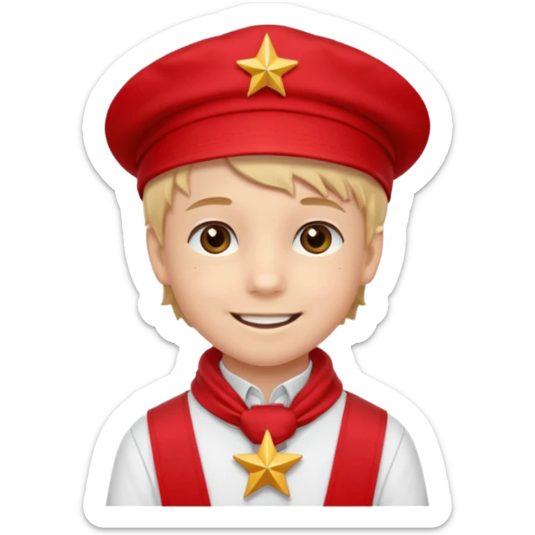 A Soviet pioneer emoji — smiling young boy wearing a bright red tie (pioneer neckerchief) and a red pilotka cap with a small gold star badge. White shirt, neat and cheerful, minimal flat emoji style, simple colors, clear outlines, professional emoji design. sticker