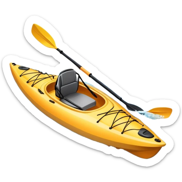 An icon showing a close-up of a sleek kayak with double-bladed paddles gliding through water. Splashes surround the boat as it cuts across a calm surface, symbolizing speed and focus. Transparent background emphasizes the dynamic and personal nature of kayak paddling. sticker