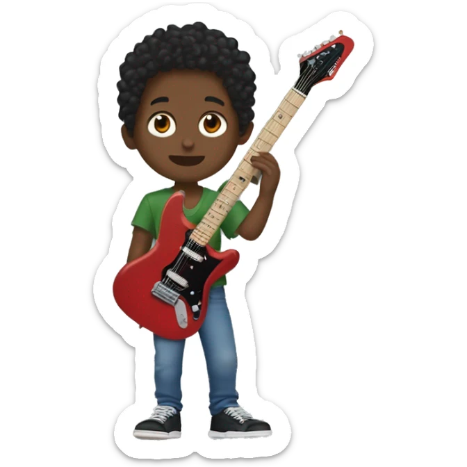  boy holding the red electric guitar. have green eyes and short curly hair.   nike jordan Travis Scott shoes.  blue jeans The boy is not white however not so dark.  Sightly tanned  sticker