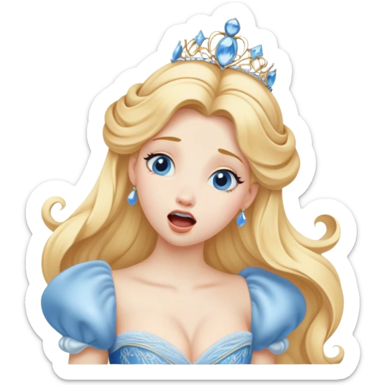 Cinematic Realistic Yawning Cinderella Portrait, showcasing lifelike porcelain skin and intricately detailed golden-blonde hair styled flawlessly as she mid-yawn reveals a moment of tender vulnerability. Her half-closed blue eyes and relaxed expression are rendered with natural, soft lighting that emphasizes the subtle textures of her face and the detailed, flowing fabric of her iconic gown. The scene glows with a cozy, authentic warmth that captures a rare, intimate moment of repose. sticker