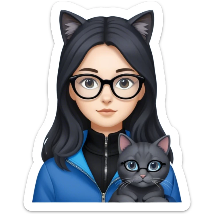 Dara with her favorite cat named Puma.
Dara is a beautiful and sweet 20-year-old girl, her hair is quite long black slightly brownish, wearing cat eye glasses placed on the head, wearing black or blue outher. Carrying her dark gray cat, her cat is an adult cat. sticker