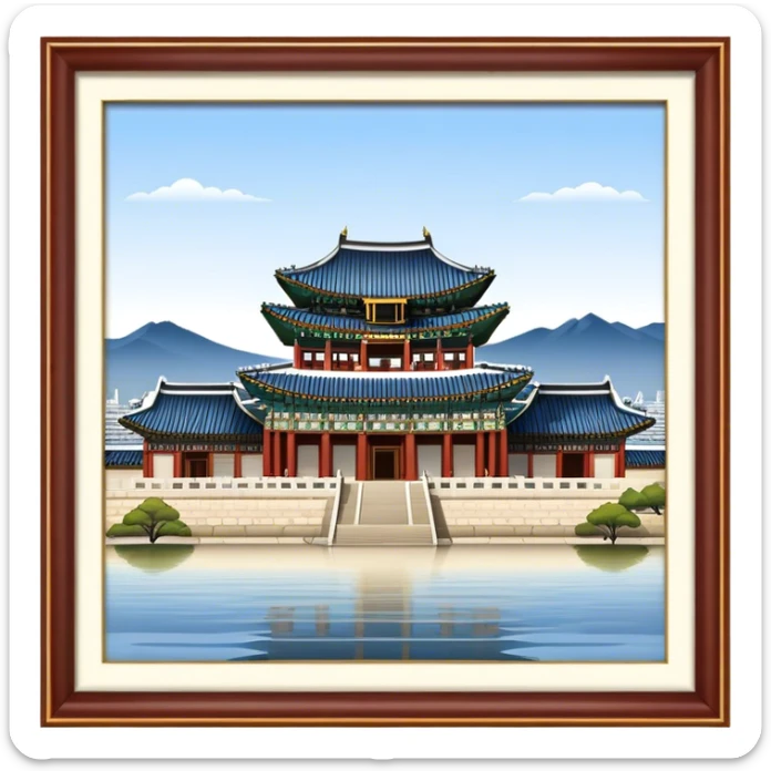 Cinematic Realistic Gyeongbokgung Palace Landmark Emoji, depicted with regal historic architecture rendered with intricate detail and majestic, dynamic lighting. sticker
